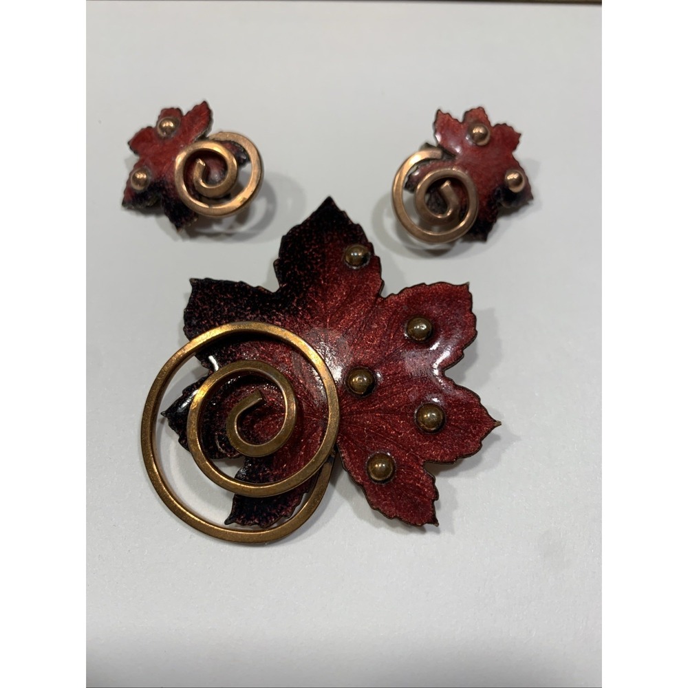 Vintage Matisse Renoir Red Enamel Copper Leaf Brooch Pin Clip Earrings Set